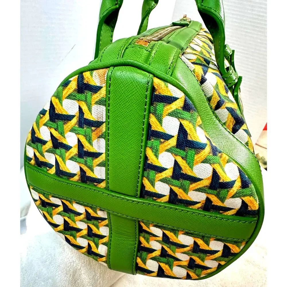 Tory Burch Green Nylon & Leather Boston Satchel Gold Hardware Bag Charm